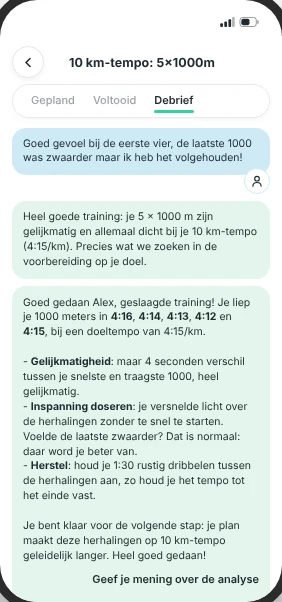Analyse van een training in de app RunMotion Coach