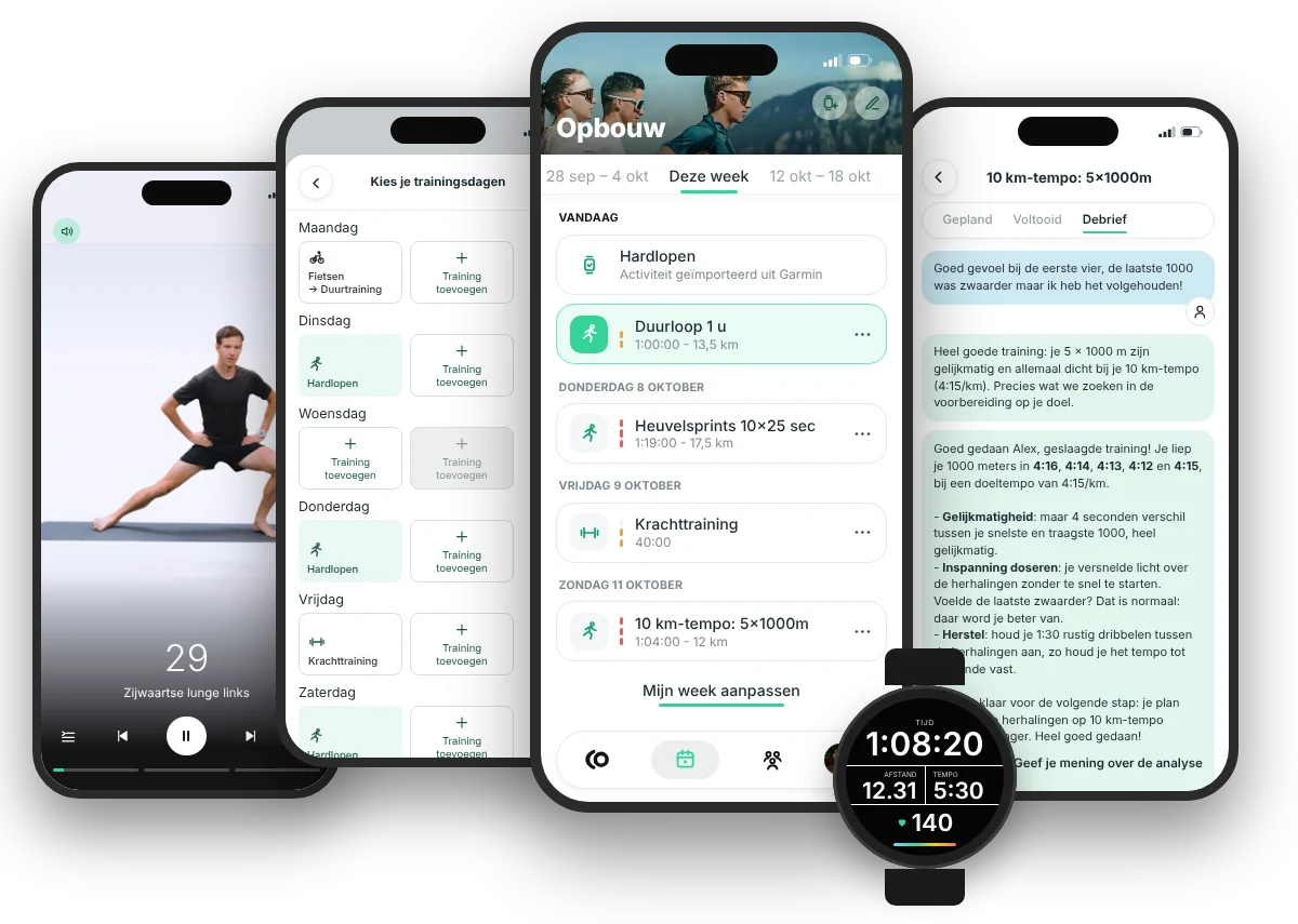 Vier schermen van de app RunMotion Coach: weekschema, training, analyse en krachttraining