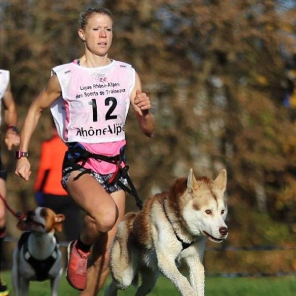 Canicross hardloper met hond tijdens training, met tips voor uitrusting en vVO2max verbetering.