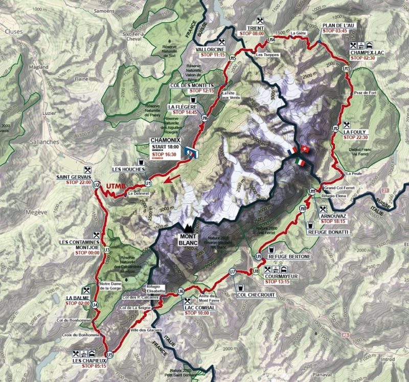Trailrunner tijdens de loodzware UTMB Mont-Blanc ultratrail, een legendarische wedstrijd door de Alpen.