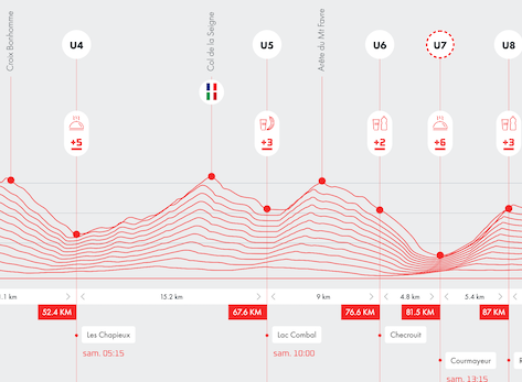 Trailrunner op het UTMB-parcours bij Col du Bonhomme richting Chapieux, met focus op pacing en voeding.